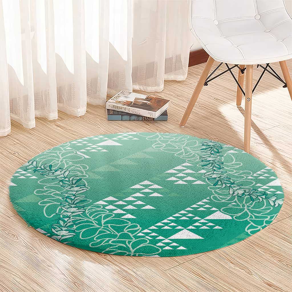 Hawaii Jade Green Kapa Round Carpet Vintage 'Ohe Kāpala Motifs Mix Plumeria Leis