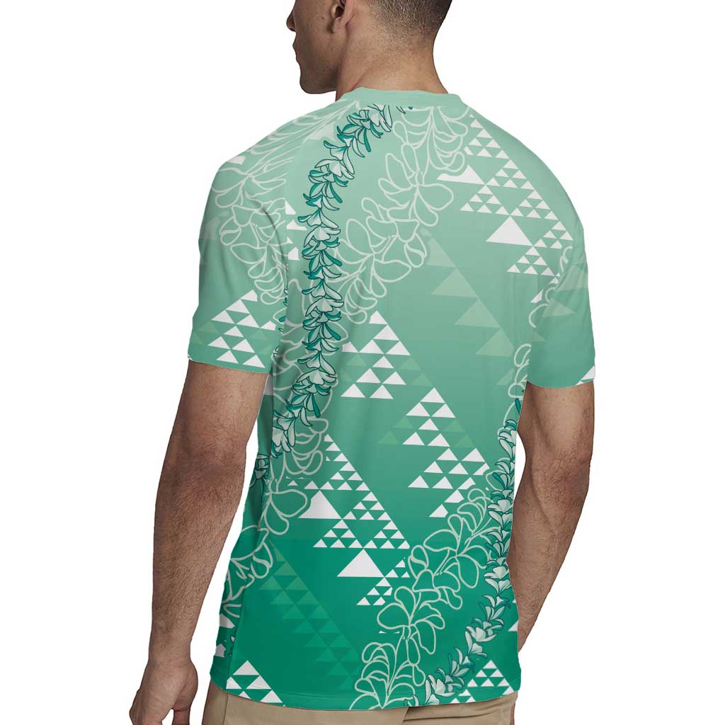 Hawaii Jade Green Kapa Rugby Jersey Vintage 'Ohe Kāpala Motifs Mix Plumeria Leis