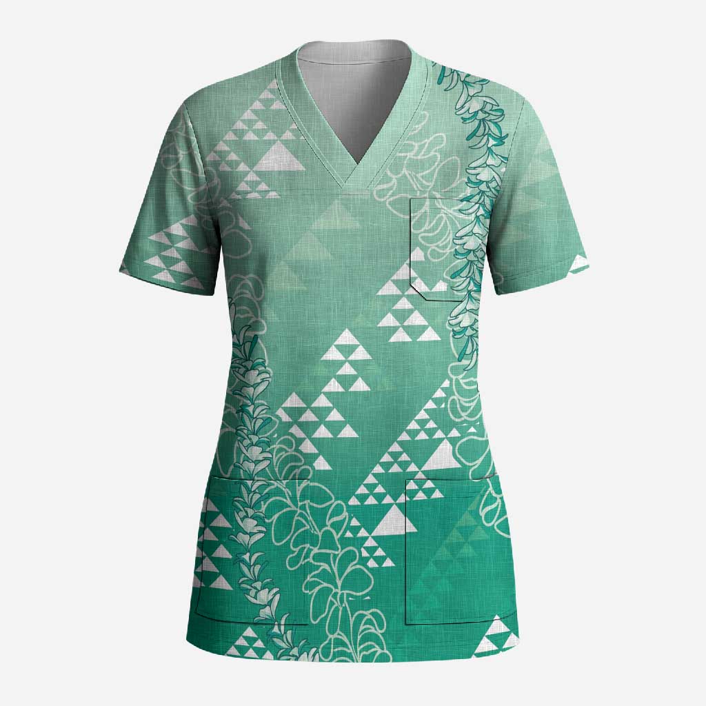 Hawaii Jade Green Kapa Scrub Top Vintage 'Ohe Kāpala Motifs Mix Plumeria Leis