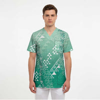 Hawaii Jade Green Kapa Scrub Top Vintage 'Ohe Kāpala Motifs Mix Plumeria Leis