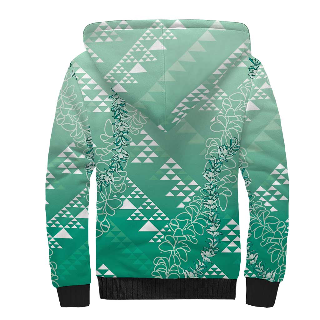 Hawaii Jade Green Kapa Sherpa Hoodie Vintage 'Ohe Kāpala Motifs Mix Plumeria Leis