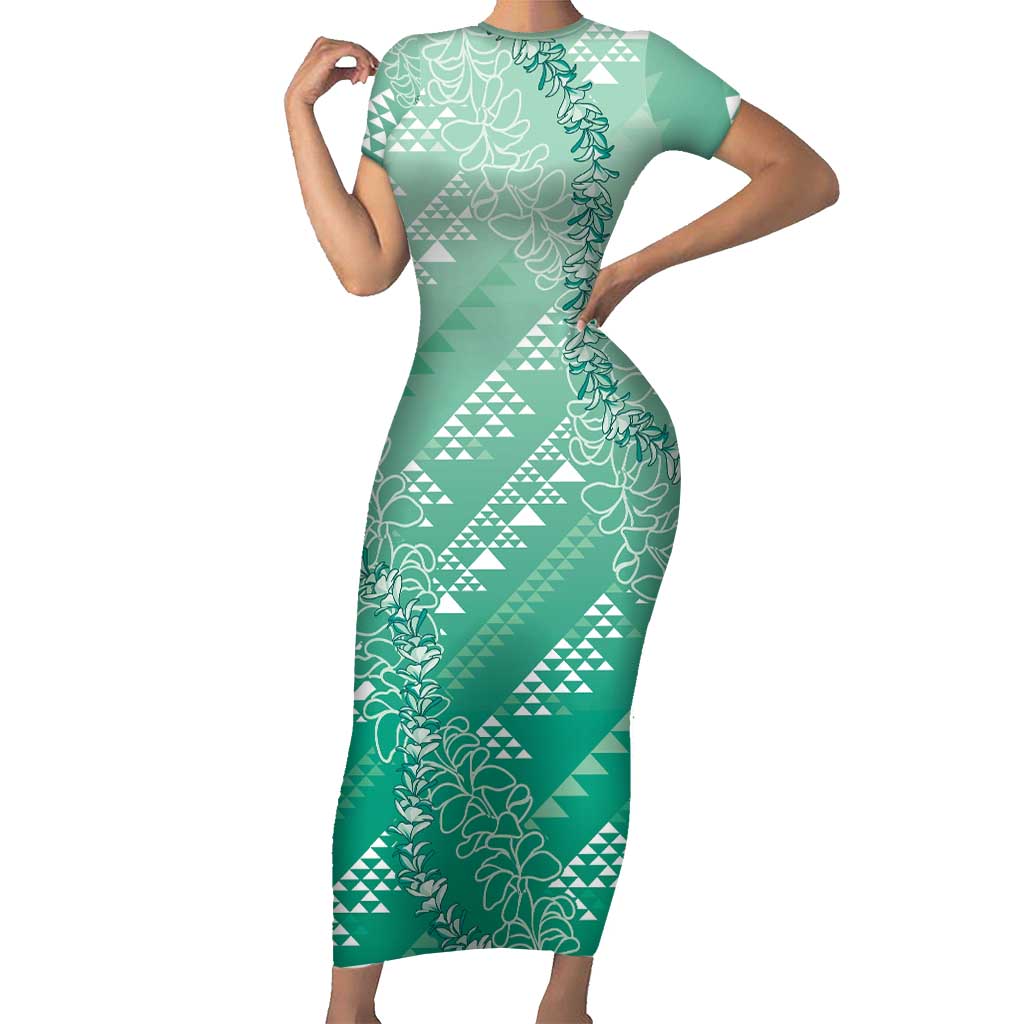 Hawaii Jade Green Kapa Short Sleeve Bodycon Dress Vintage 'Ohe Kāpala Motifs Mix Plumeria Leis