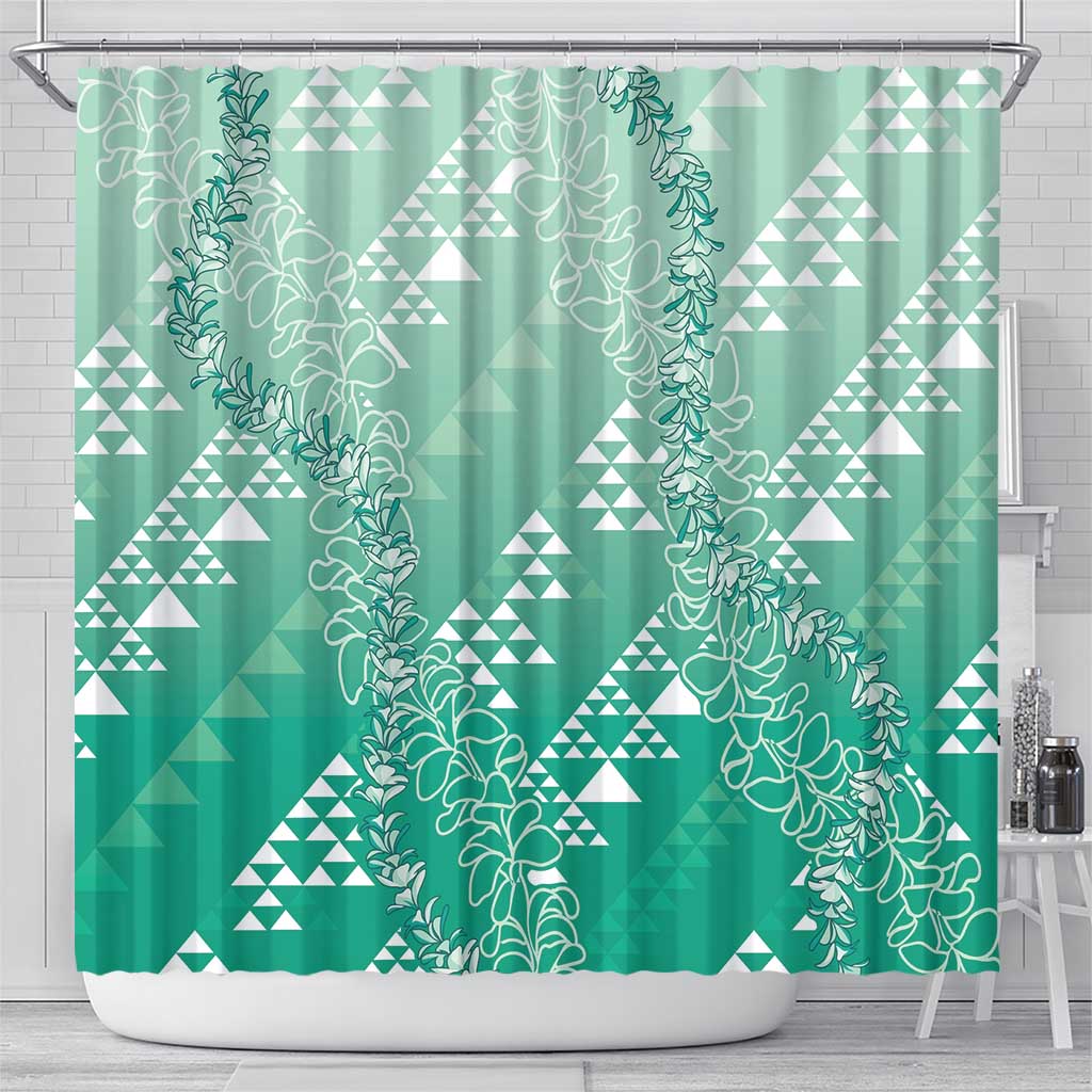Hawaii Jade Green Kapa Shower Curtain Vintage 'Ohe Kāpala Motifs Mix Plumeria Leis
