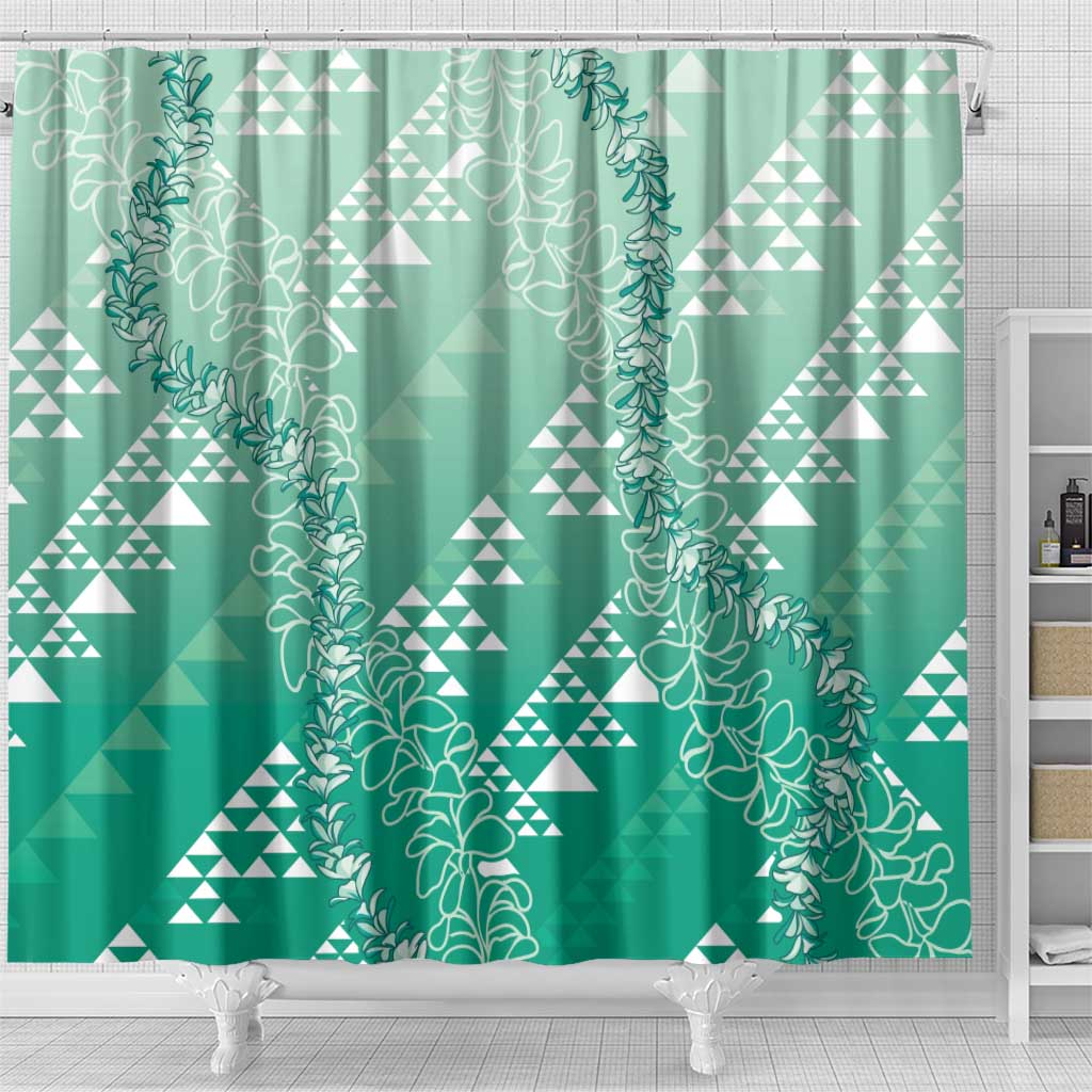 Hawaii Jade Green Kapa Shower Curtain Vintage 'Ohe Kāpala Motifs Mix Plumeria Leis