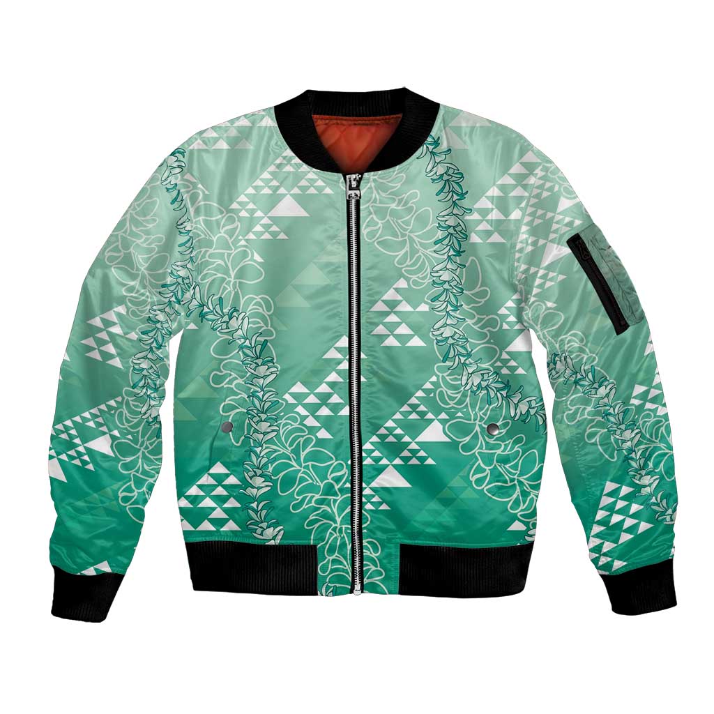 Hawaii Jade Green Kapa Sleeve Zip Bomber Jacket Vintage 'Ohe Kāpala Motifs Mix Plumeria Leis