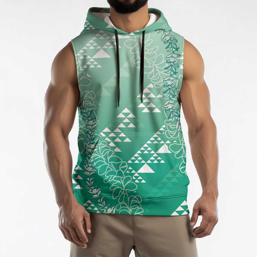 Hawaii Jade Green Kapa Sleeveless Hoodie Vintage 'Ohe Kāpala Motifs Mix Plumeria Leis