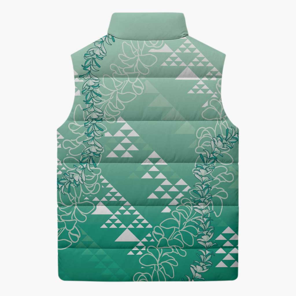 Hawaii Jade Green Kapa Sleeveless Puffer Jacket Vintage 'Ohe Kāpala Motifs Mix Plumeria Leis