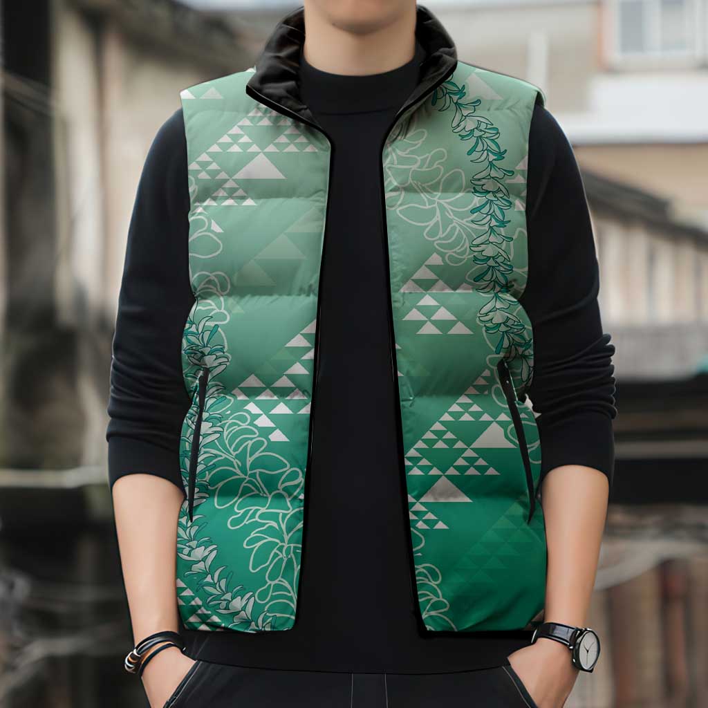 Hawaii Jade Green Kapa Sleeveless Puffer Jacket Vintage 'Ohe Kāpala Motifs Mix Plumeria Leis