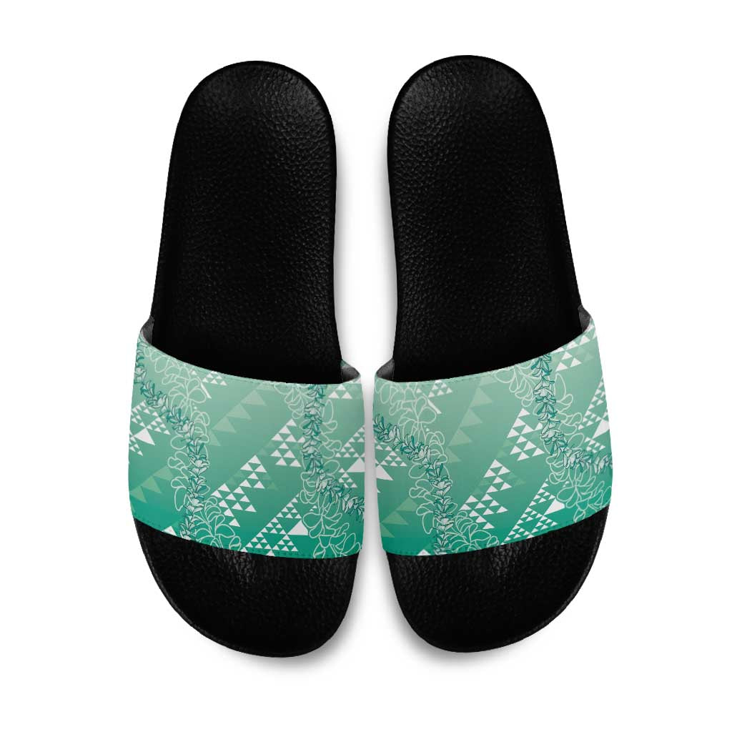 Hawaii Jade Green Kapa Slide Sandals Vintage 'Ohe Kāpala Motifs Mix Plumeria Leis
