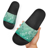 Hawaii Jade Green Kapa Slide Sandals Vintage 'Ohe Kāpala Motifs Mix Plumeria Leis