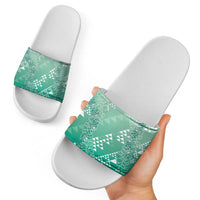 Hawaii Jade Green Kapa Slide Sandals Vintage 'Ohe Kāpala Motifs Mix Plumeria Leis