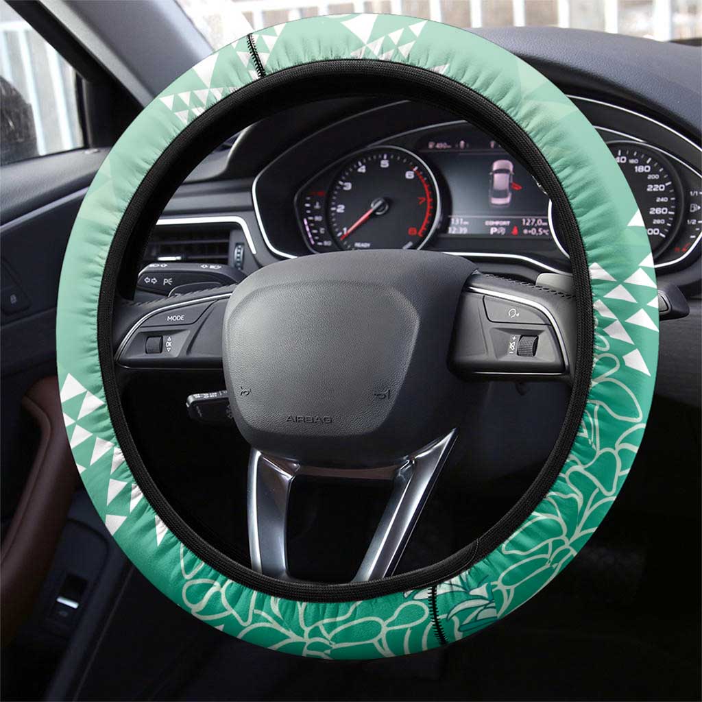 Hawaii Jade Green Kapa Steering Wheel Cover Vintage 'Ohe Kāpala Motifs Mix Plumeria Leis