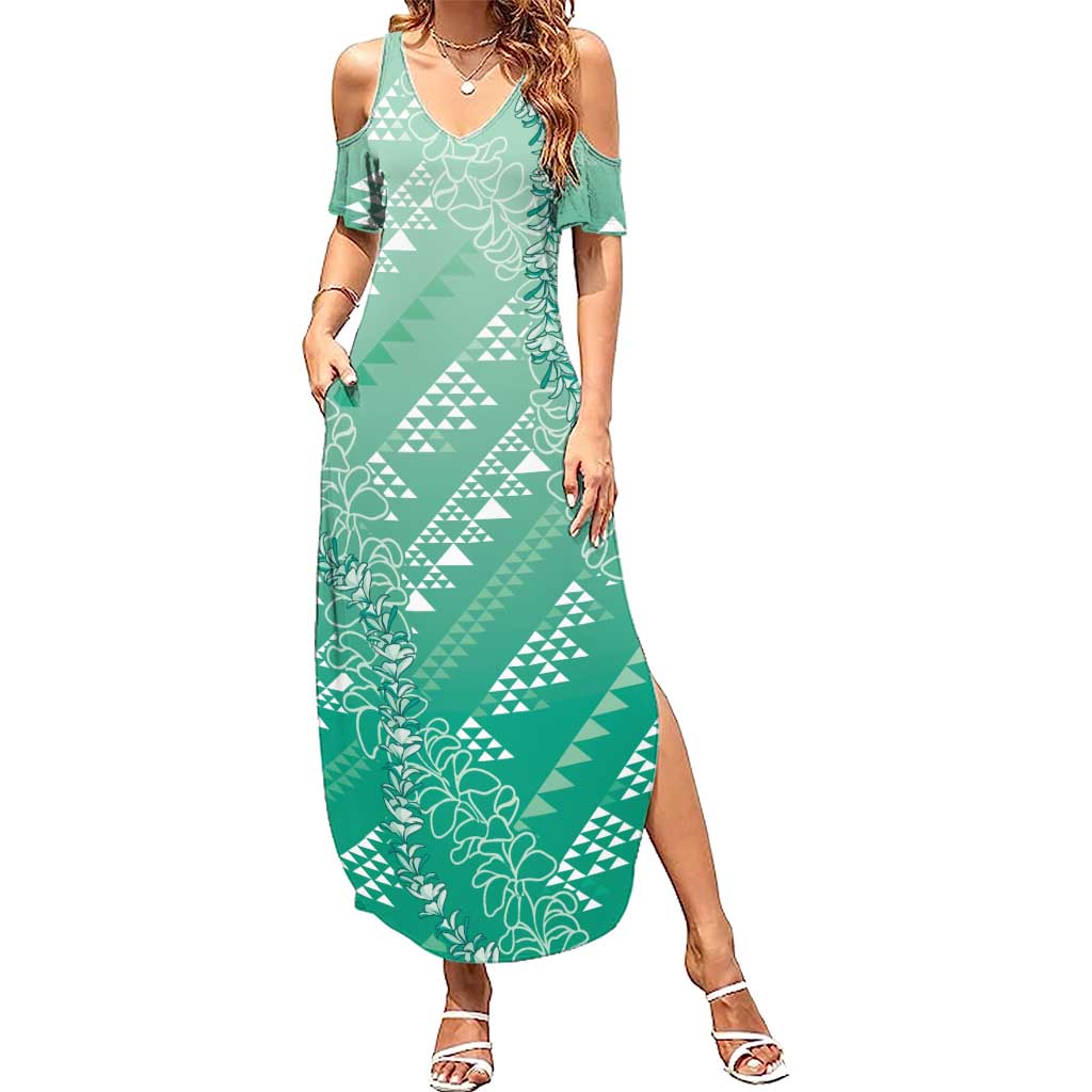 Hawaii Jade Green Kapa Summer Maxi Dress Vintage 'Ohe Kāpala Motifs Mix Plumeria Leis