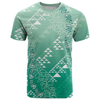 Hawaii Jade Green Kapa T Shirt Vintage 'Ohe Kāpala Motifs Mix Plumeria Leis
