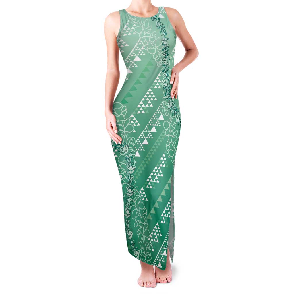 Hawaii Jade Green Kapa Tank Maxi Dress Vintage 'Ohe Kāpala Motifs Mix Plumeria Leis