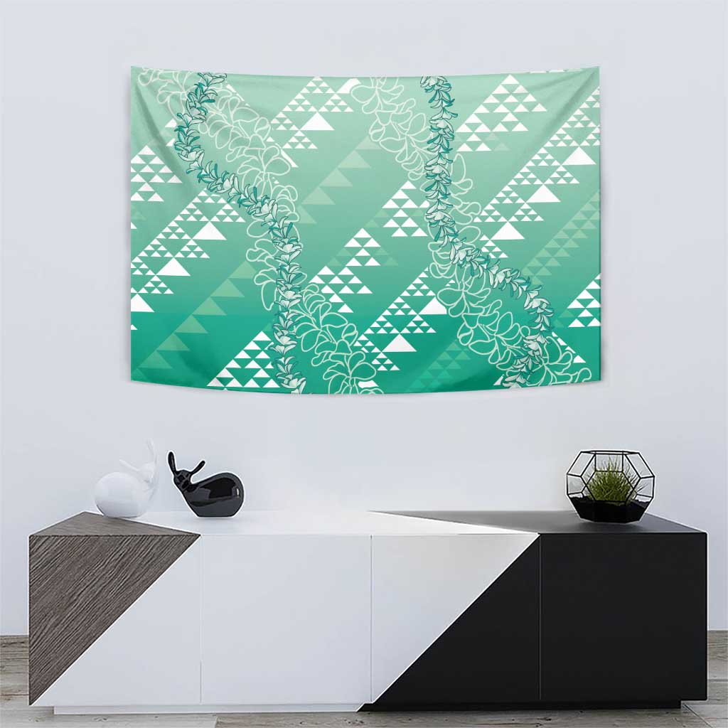 Hawaii Jade Green Kapa Tapestry Vintage 'Ohe Kāpala Motifs Mix Plumeria Leis