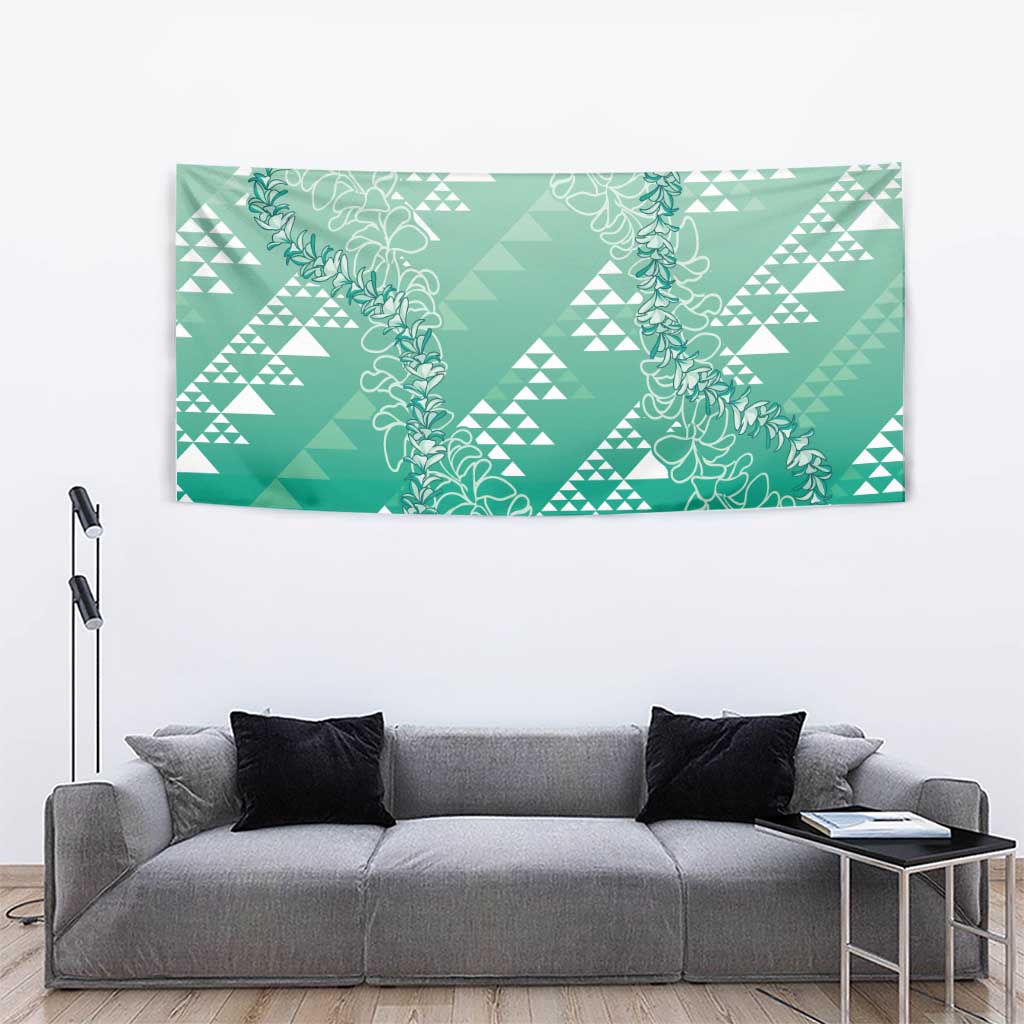 Hawaii Jade Green Kapa Tapestry Vintage 'Ohe Kāpala Motifs Mix Plumeria Leis