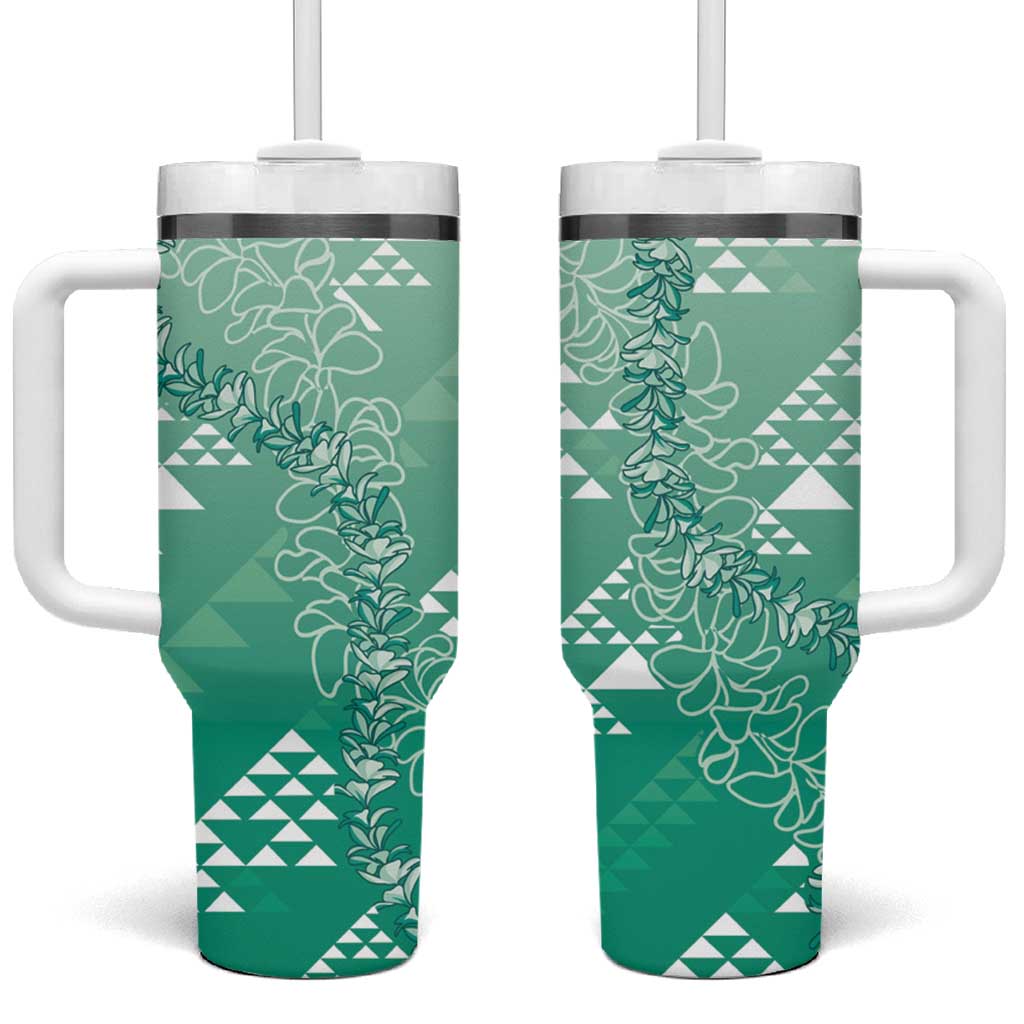 Hawaii Jade Green Kapa Tumbler With Handle Vintage 'Ohe Kāpala Motifs Mix Plumeria Leis