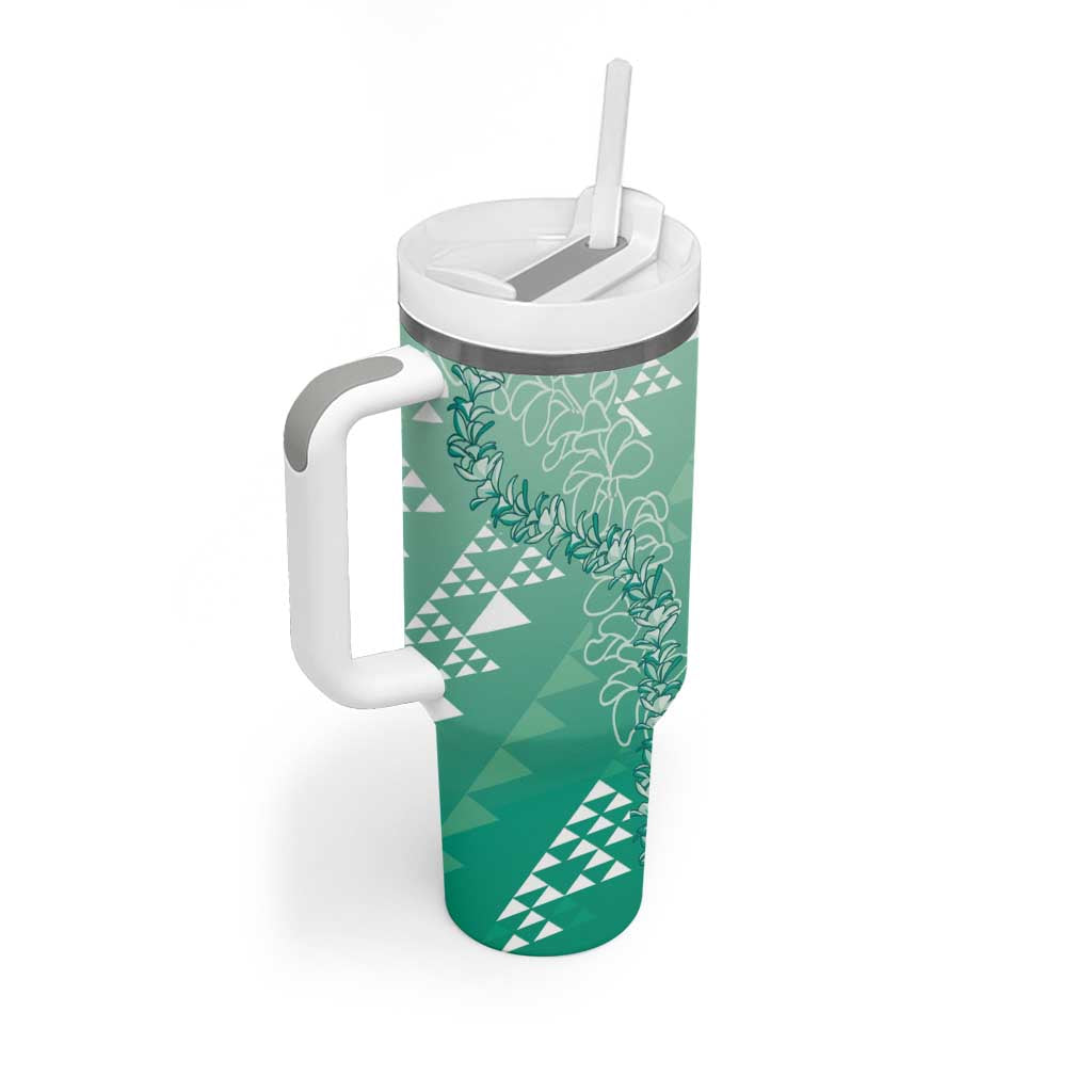 Hawaii Jade Green Kapa Tumbler With Handle Vintage 'Ohe Kāpala Motifs Mix Plumeria Leis