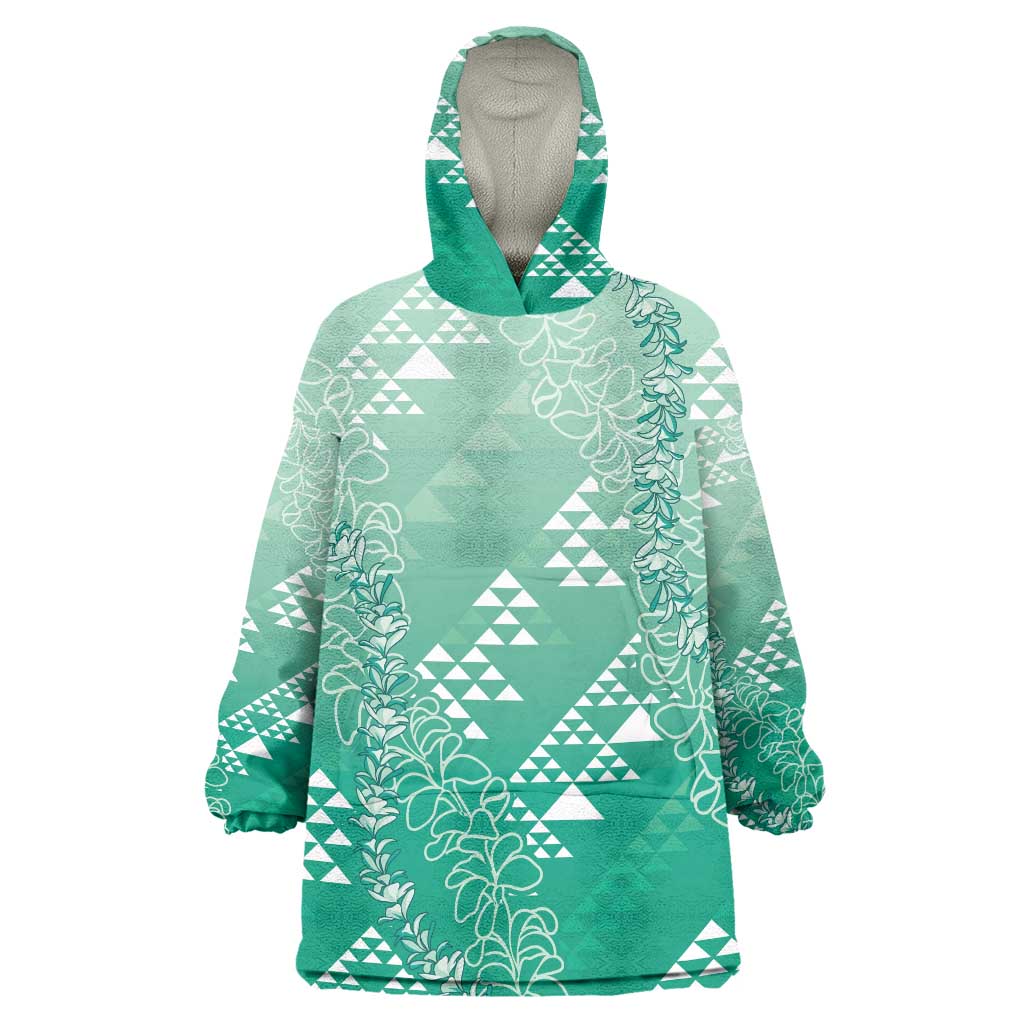 Hawaii Jade Green Kapa Wearable Blanket Hoodie Vintage 'Ohe Kāpala Motifs Mix Plumeria Leis