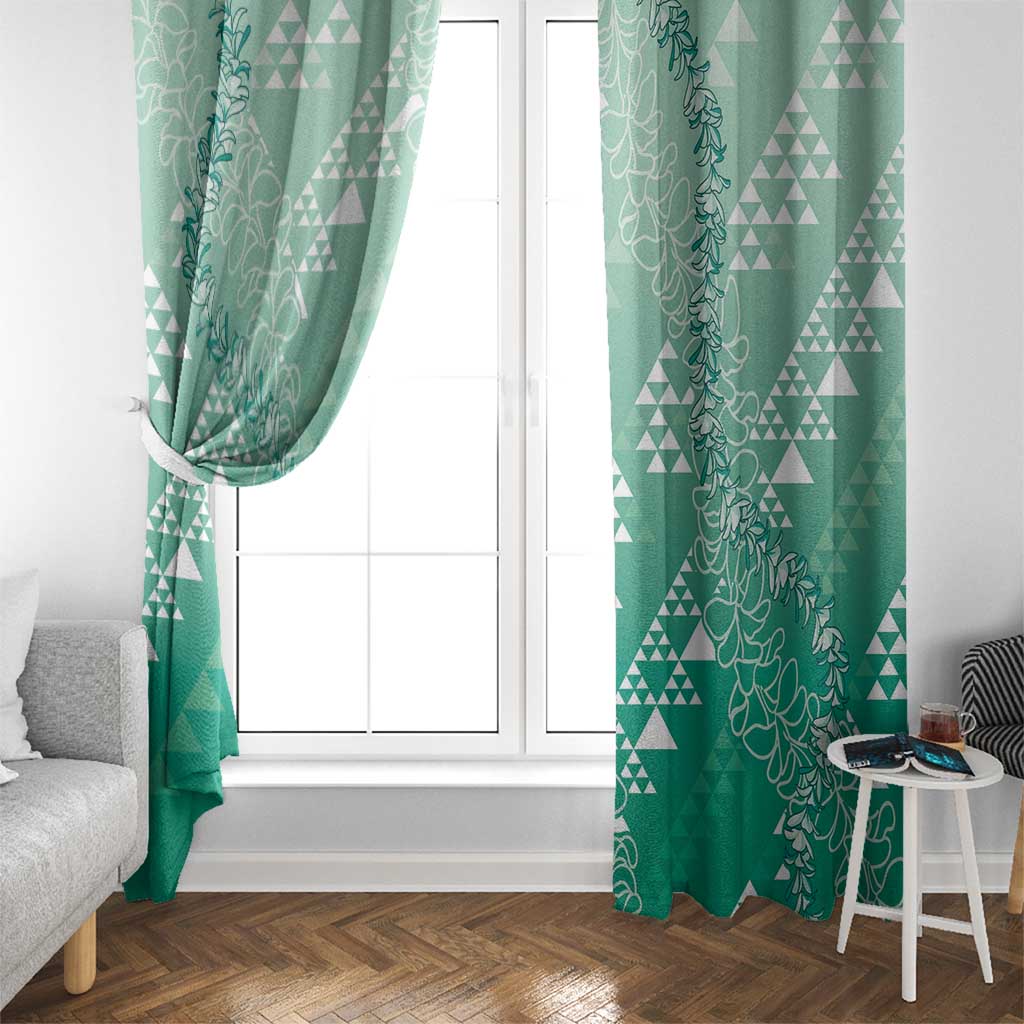 Hawaii Jade Green Kapa Window Curtain Vintage 'Ohe Kāpala Motifs Mix Plumeria Leis