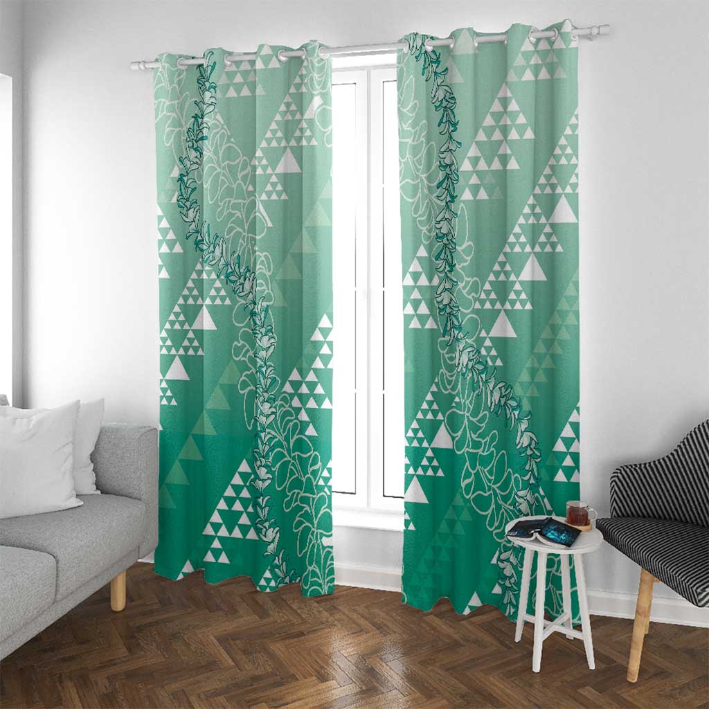 Hawaii Jade Green Kapa Window Curtain Vintage 'Ohe Kāpala Motifs Mix Plumeria Leis