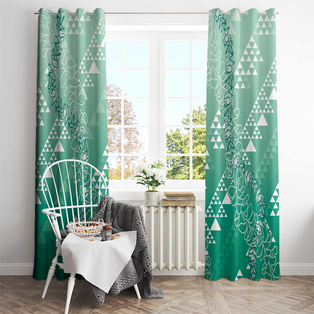 Hawaii Jade Green Kapa Window Curtain Vintage 'Ohe Kāpala Motifs Mix Plumeria Leis
