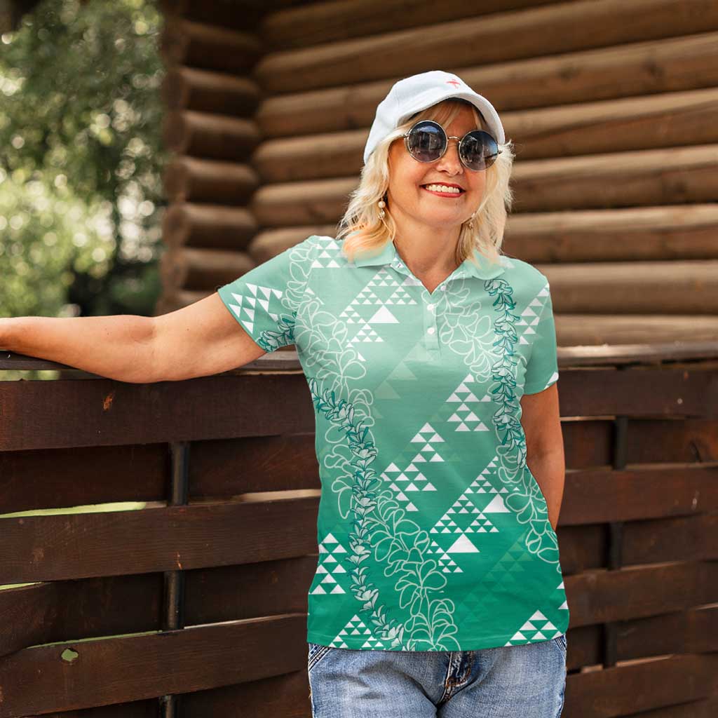 Hawaii Jade Green Kapa Women Polo Shirt Vintage 'Ohe Kāpala Motifs Mix Plumeria Leis