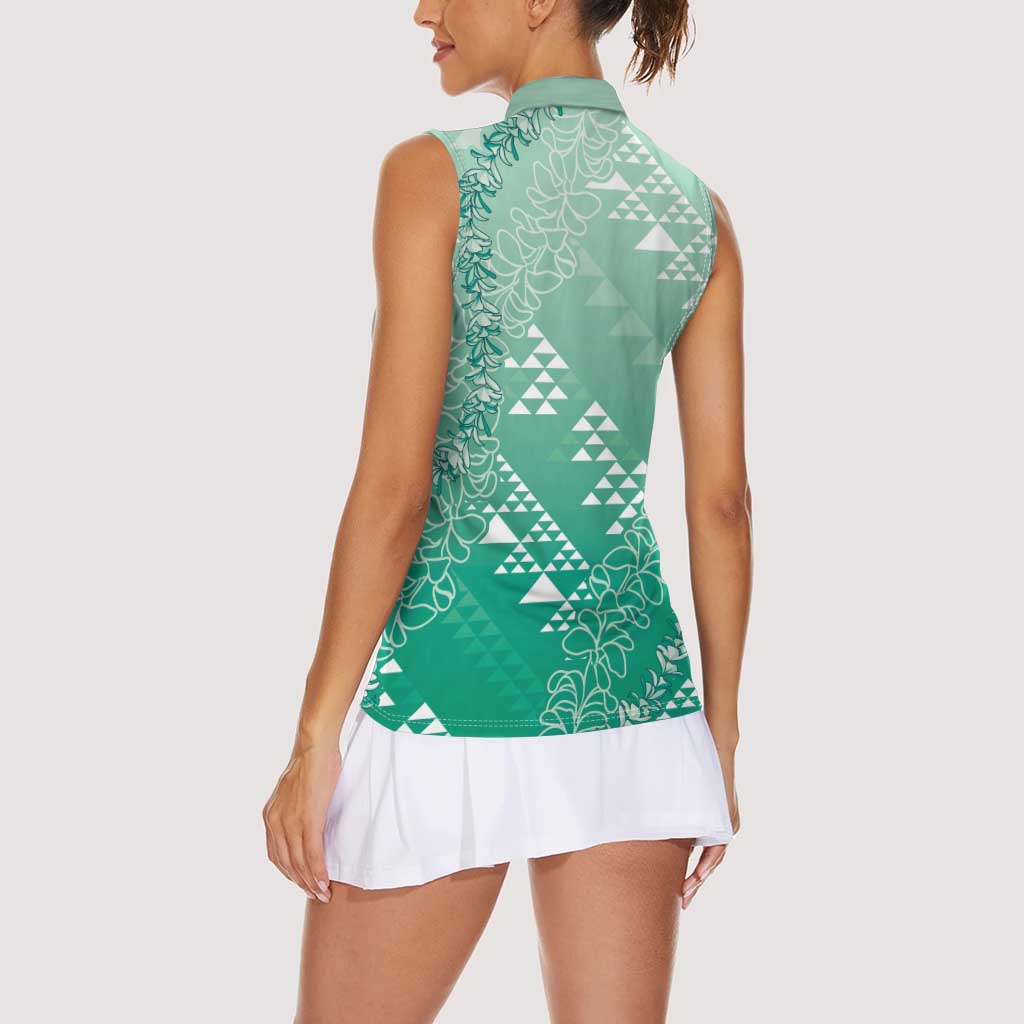 Hawaii Jade Green Kapa Women Sleeveless Polo Shirt Vintage 'Ohe Kāpala Motifs Mix Plumeria Leis