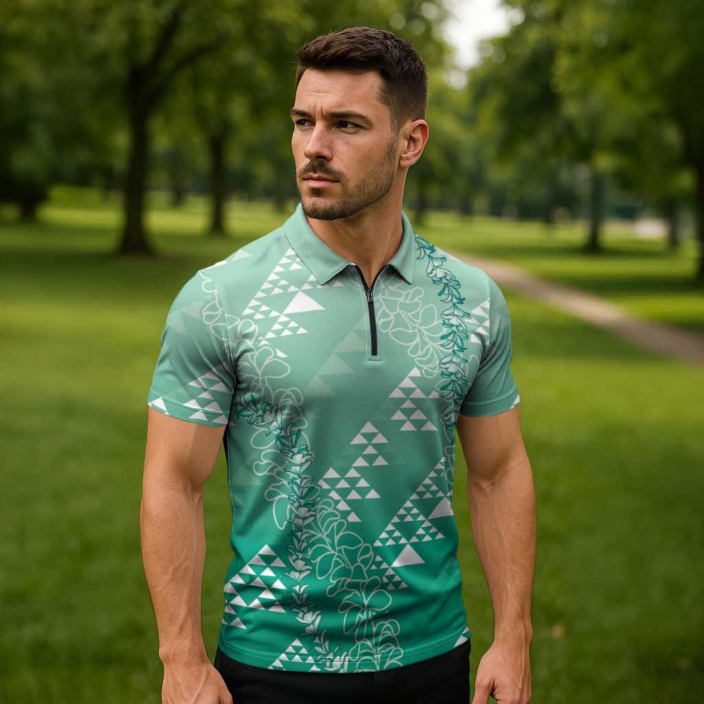 Hawaii Jade Green Kapa Zipper Polo Shirt Vintage 'Ohe Kāpala Motifs Mix Plumeria Leis