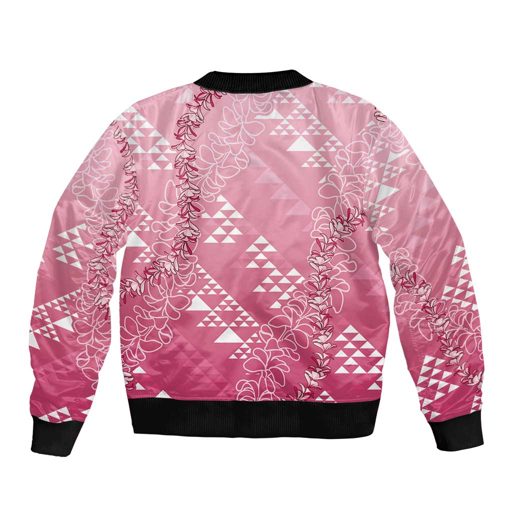 Hawaii Rose Pink Kapa Bomber Jacket Vintage 'Ohe Kāpala Motifs Mix Plumeria Leis LT7 - Polynesian Pride