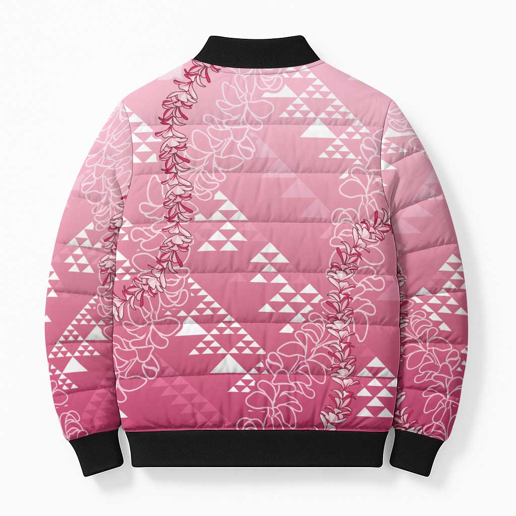 Hawaii Rose Pink Kapa Bomber Puffer Jacket Vintage 'Ohe Kāpala Motifs Mix Plumeria Leis LT7 - Polynesian Pride