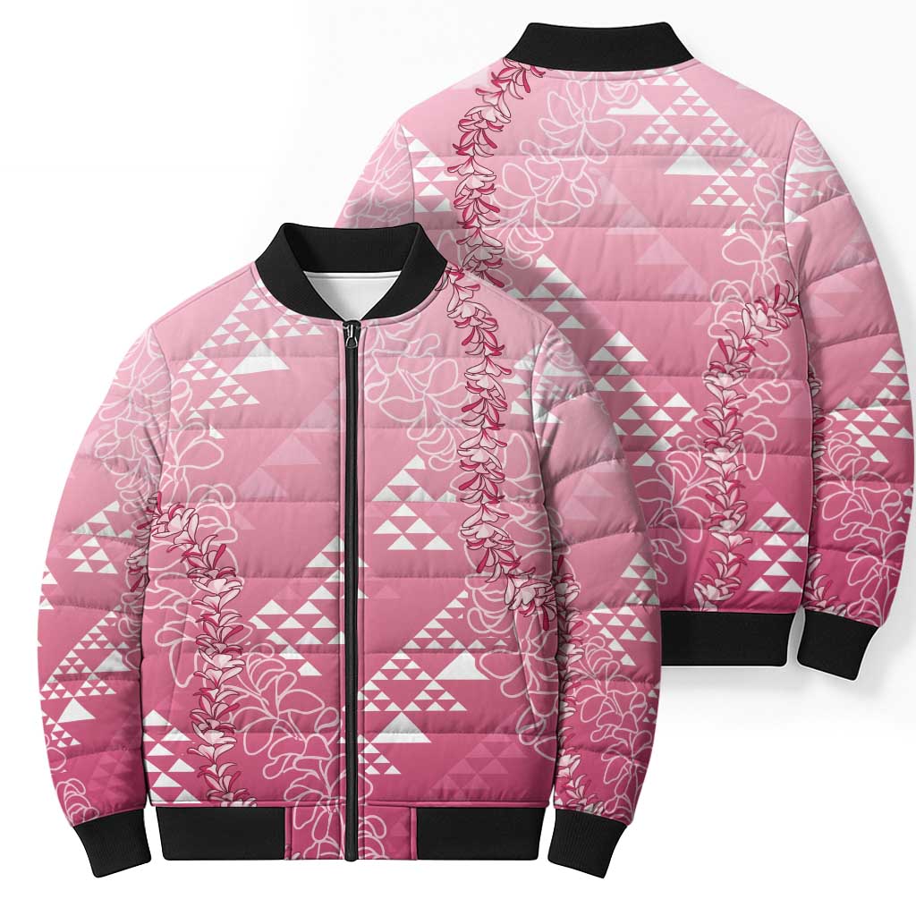 Hawaii Rose Pink Kapa Bomber Puffer Jacket Vintage 'Ohe Kāpala Motifs Mix Plumeria Leis LT7 - Polynesian Pride