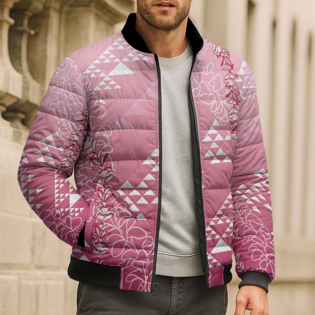 Hawaii Rose Pink Kapa Bomber Puffer Jacket Vintage 'Ohe Kāpala Motifs Mix Plumeria Leis LT7 - Polynesian Pride