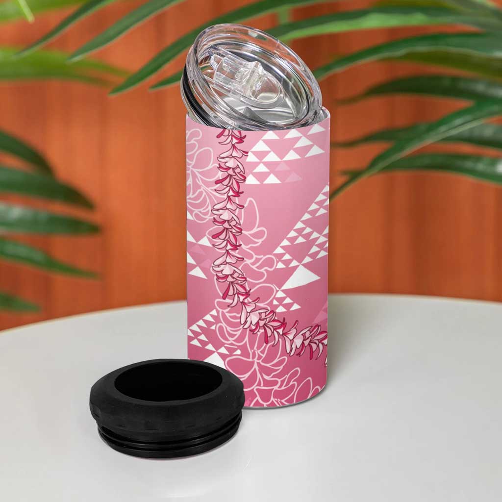 Hawaii Rose Pink Kapa 4 in 1 Can Cooler Tumbler Vintage 'Ohe Kāpala Motifs Mix Plumeria Leis