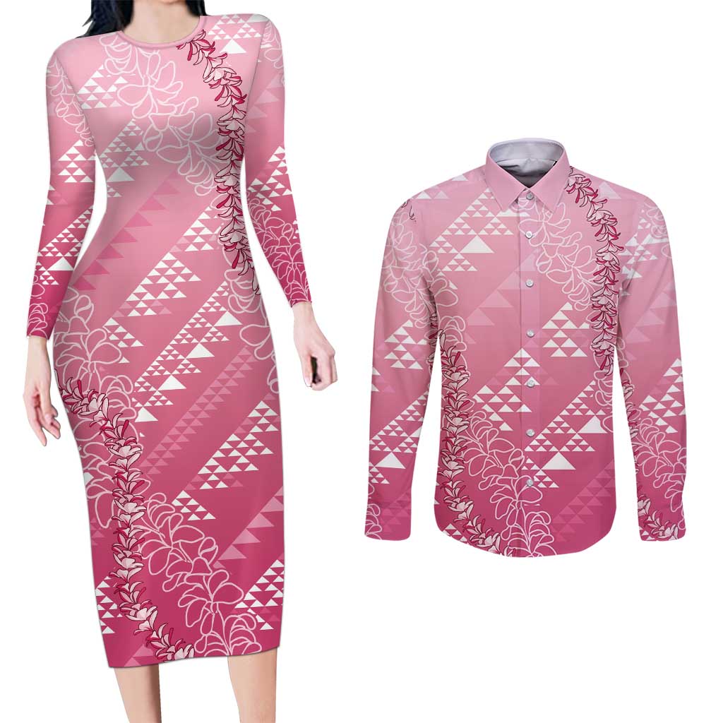 Hawaii Rose Pink Kapa Couples Matching Long Sleeve Bodycon Dress and Long Sleeve Button Shirt Vintage 'Ohe Kāpala Motifs Mix Plumeria Leis