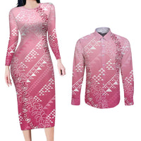Hawaii Rose Pink Kapa Couples Matching Long Sleeve Bodycon Dress and Long Sleeve Button Shirt Vintage 'Ohe Kāpala Motifs Mix Plumeria Leis