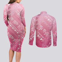 Hawaii Rose Pink Kapa Couples Matching Long Sleeve Bodycon Dress and Long Sleeve Button Shirt Vintage 'Ohe Kāpala Motifs Mix Plumeria Leis