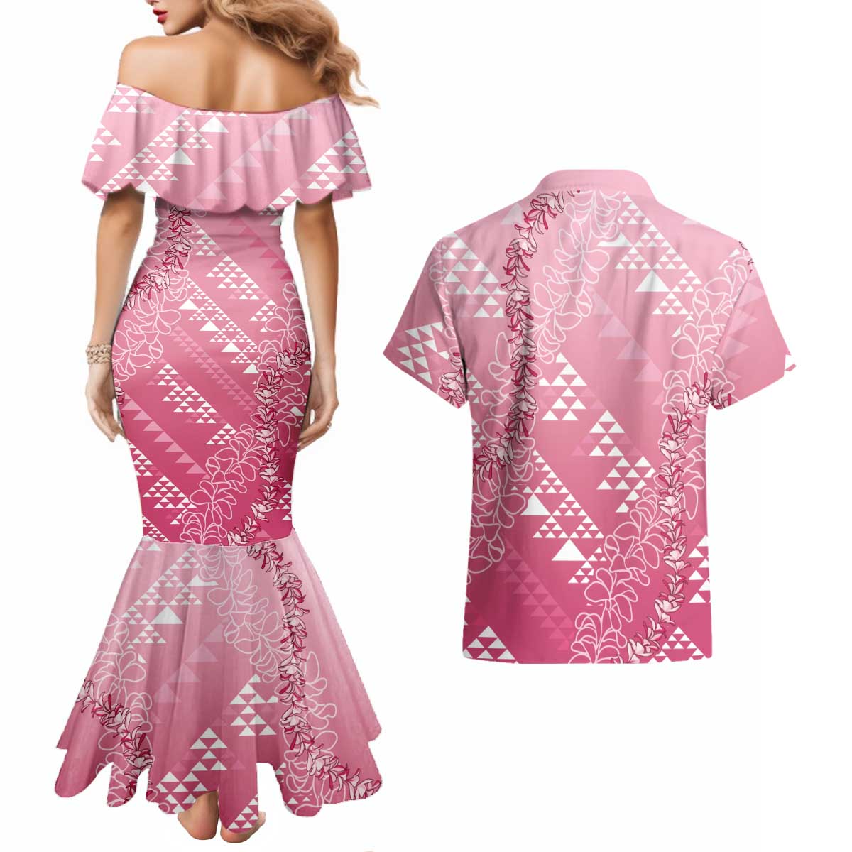 Hawaii Rose Pink Kapa Couples Matching Mermaid Dress and Hawaiian Shirt Vintage 'Ohe Kāpala Motifs Mix Plumeria Leis