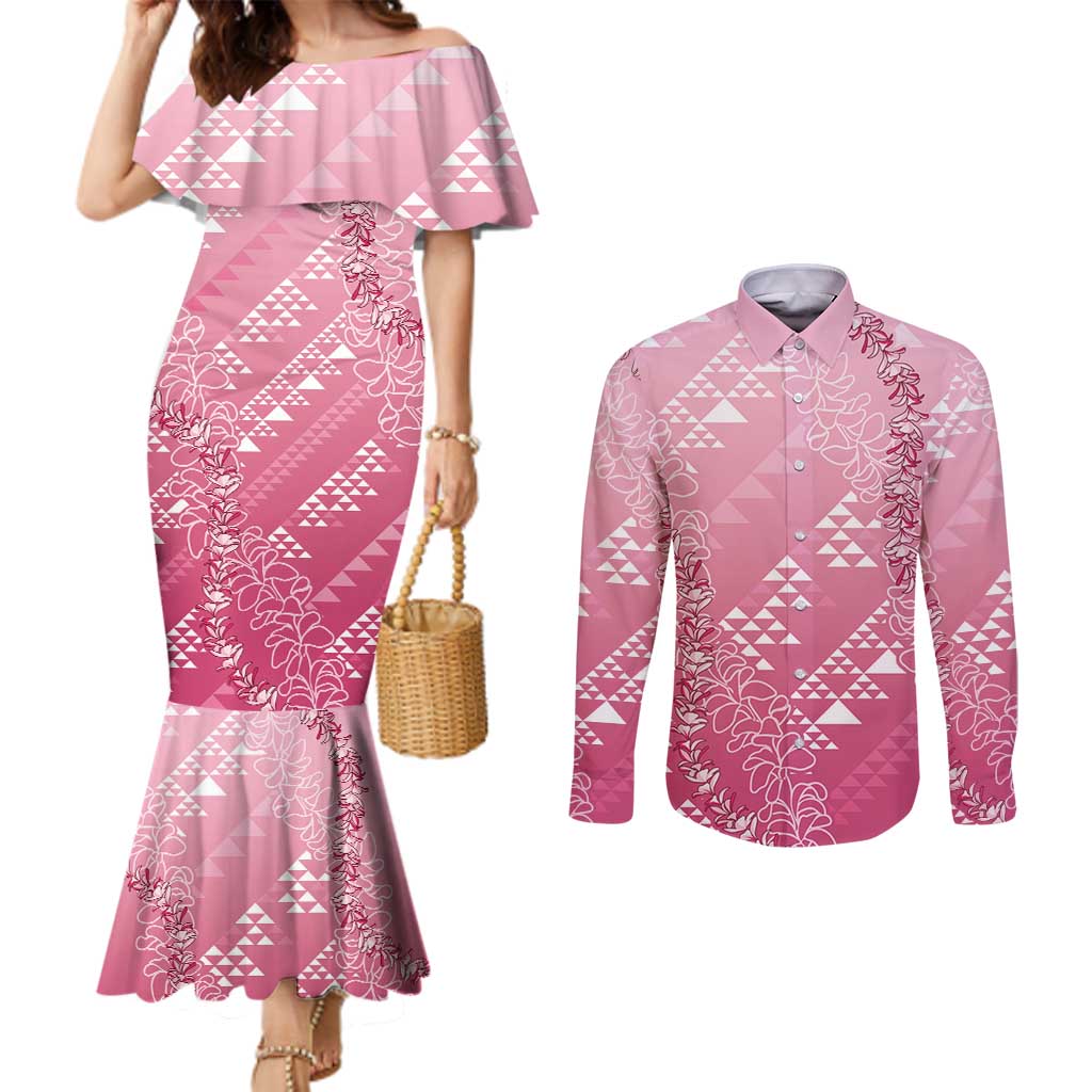 Hawaii Rose Pink Kapa Couples Matching Mermaid Dress and Long Sleeve Button Shirt Vintage 'Ohe Kāpala Motifs Mix Plumeria Leis