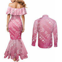 Hawaii Rose Pink Kapa Couples Matching Mermaid Dress and Long Sleeve Button Shirt Vintage 'Ohe Kāpala Motifs Mix Plumeria Leis