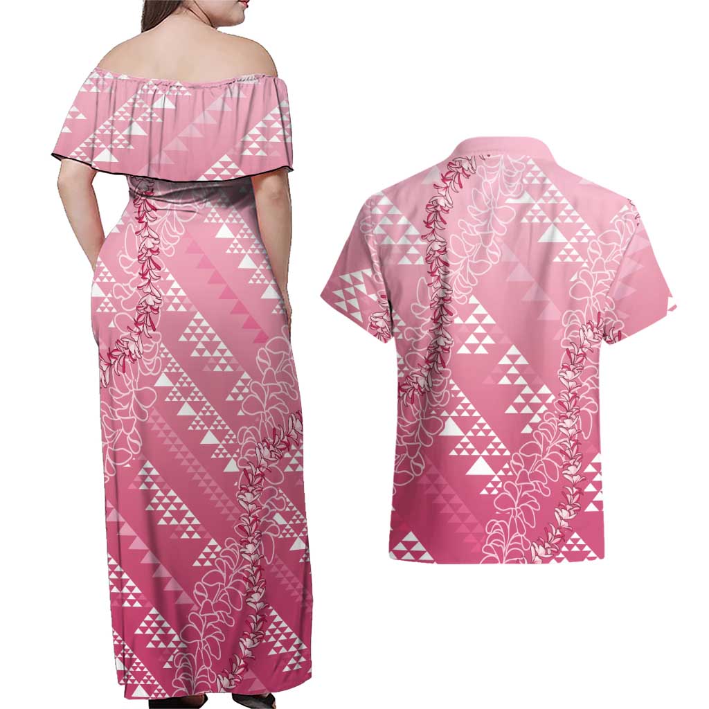 Hawaii Rose Pink Kapa Couples Matching Off Shoulder Maxi Dress and Hawaiian Shirt Vintage 'Ohe Kāpala Motifs Mix Plumeria Leis