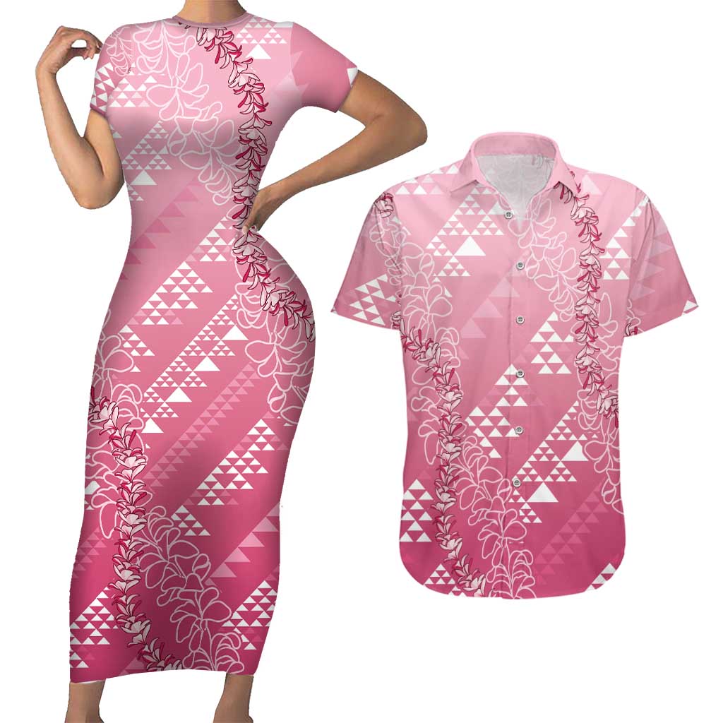 Hawaii Rose Pink Kapa Couples Matching Short Sleeve Bodycon Dress and Hawaiian Shirt Vintage 'Ohe Kāpala Motifs Mix Plumeria Leis