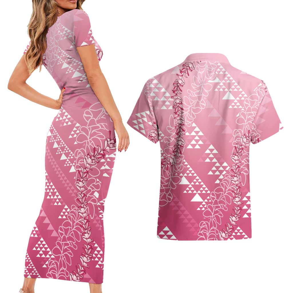 Hawaii Rose Pink Kapa Couples Matching Short Sleeve Bodycon Dress and Hawaiian Shirt Vintage 'Ohe Kāpala Motifs Mix Plumeria Leis