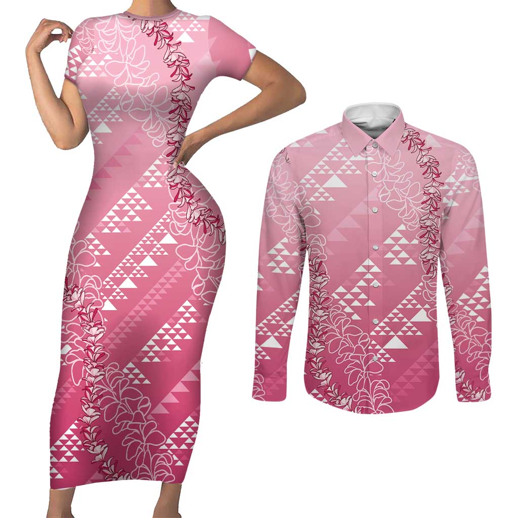 Hawaii Rose Pink Kapa Couples Matching Short Sleeve Bodycon Dress and Long Sleeve Button Shirt Vintage 'Ohe Kāpala Motifs Mix Plumeria Leis LT7 Rose Pink - Polynesian Pride