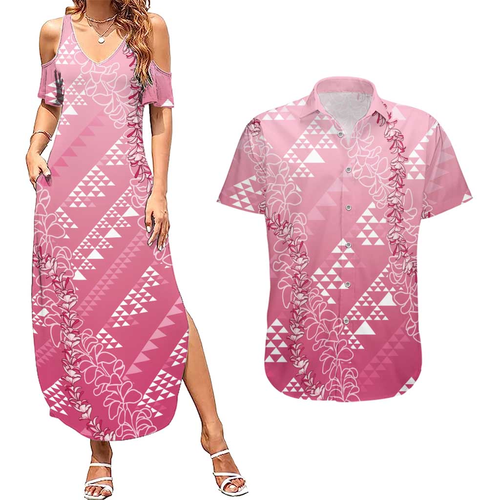 Hawaii Rose Pink Kapa Couples Matching Summer Maxi Dress and Hawaiian Shirt Vintage 'Ohe Kāpala Motifs Mix Plumeria Leis