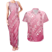 Hawaii Rose Pink Kapa Couples Matching Tank Maxi Dress and Hawaiian Shirt Vintage 'Ohe Kāpala Motifs Mix Plumeria Leis
