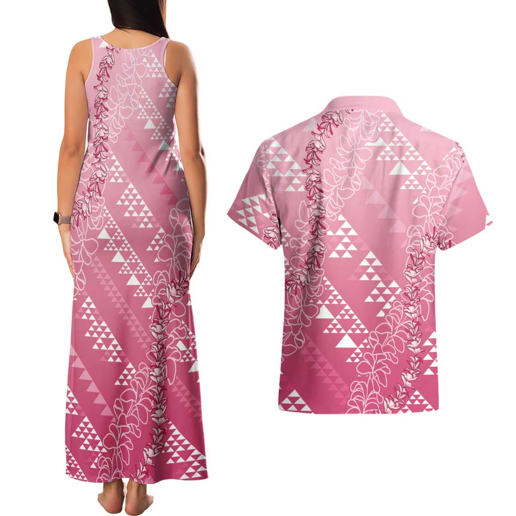 Hawaii Rose Pink Kapa Couples Matching Tank Maxi Dress and Hawaiian Shirt Vintage 'Ohe Kāpala Motifs Mix Plumeria Leis