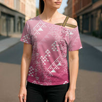 Hawaii Rose Pink Kapa Cross Shoulder Shirt Vintage 'Ohe Kāpala Motifs Mix Plumeria Leis