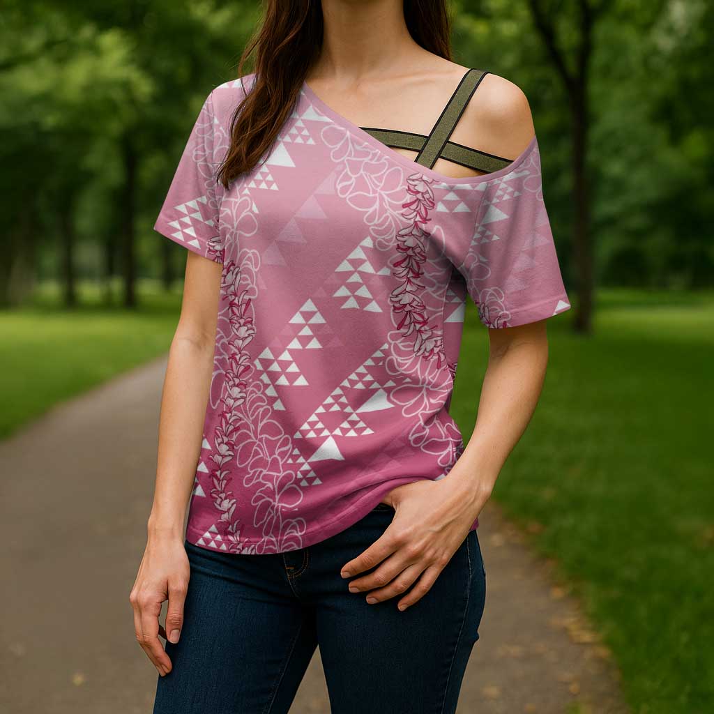 Hawaii Rose Pink Kapa Cross Shoulder Shirt Vintage 'Ohe Kāpala Motifs Mix Plumeria Leis